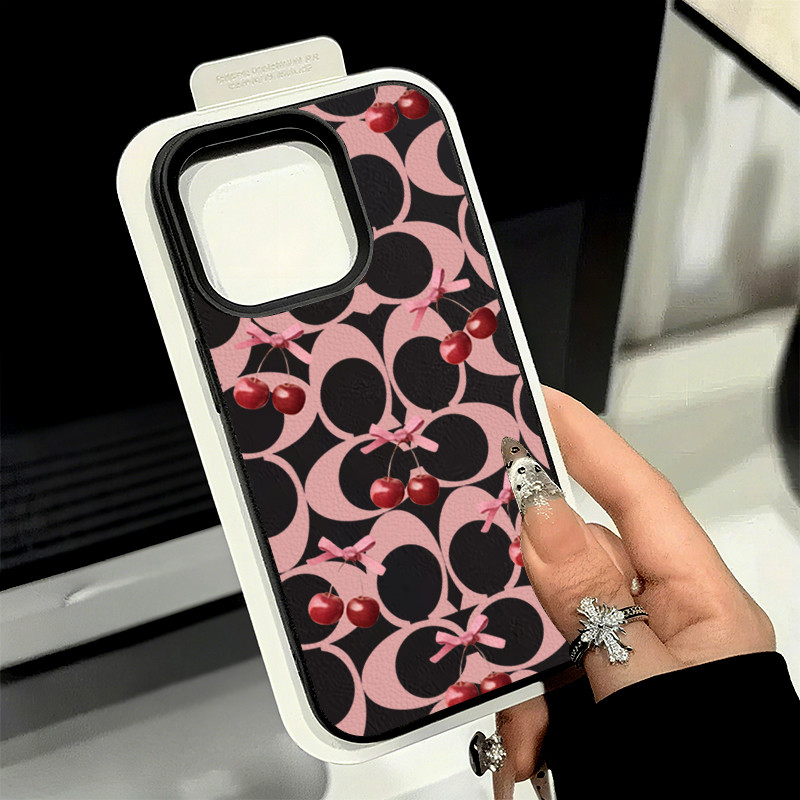 Pink Bow Red Cherry Coach Design Da Họa Tiết Chống Sốc Ốp Lưng Điện Thoại IPhone 16 17 15 14 13 12 1