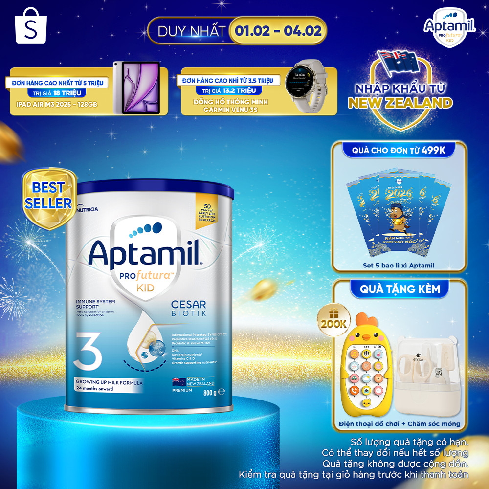 [Nhập khẩu nguyên lon từ New Zealand] Sữa bột Aptamil Kid Cesarbiotik New Zealand số 3 (800g) cho bé