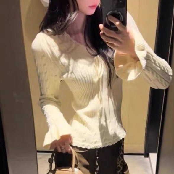 V-neck Lace up Twist Long Sleeve Knitted Bottoming Shirt for Women Autumn and Winter Sweater Slim Fi