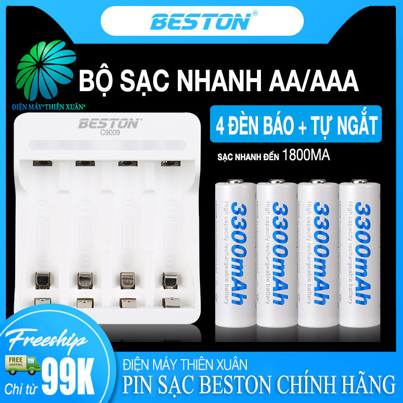 Pin Sạc AA, AAA + Sạc Nhanh Beston C9009 Cho remote, đồ chơi trẻ em, đồng hồ, dung lượng cao