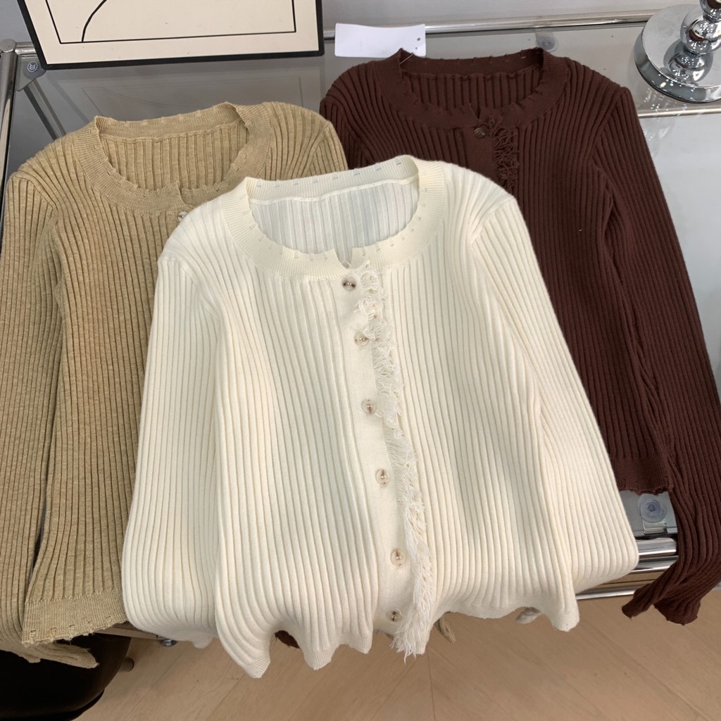 [Lin Lin Lin] Hàng dệt kim mùa thu 202 Màu trơn dài tay phong cách lười biếng Slim-Fit Slimmer Look 