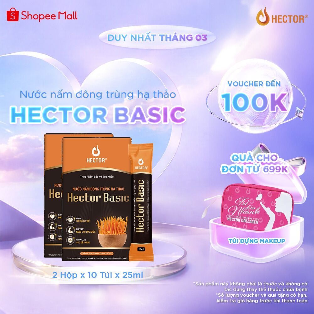 Bộ 2 Hộp Nước nấm Đông Trùng Hạ Thảo Hector Basic hỗ trợ bồi bổ sức khỏe hằng ngày (2 hộp x 10 gói x