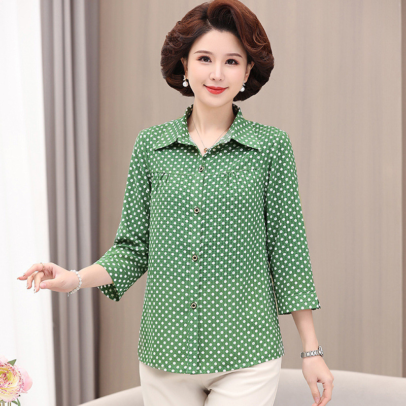 Middle-Aged and Elderly Women's Clothing Spring and Summer New Shirt 3/4 Sleeve Polka Dot Shirt 50-Y