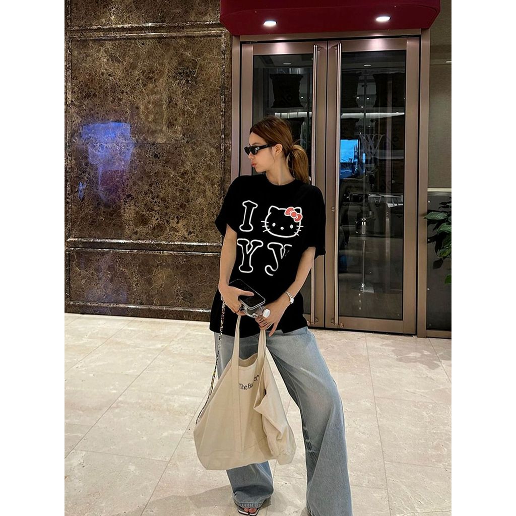 OPEN YY  Joint Name Holle Kitty Printed color-block short-sleeve cute loose casual shirt, same style