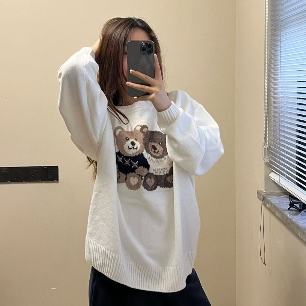 HOLLISTER American retro style seagull jacquard teddy bear round neck sweater long sleeve knitted ca