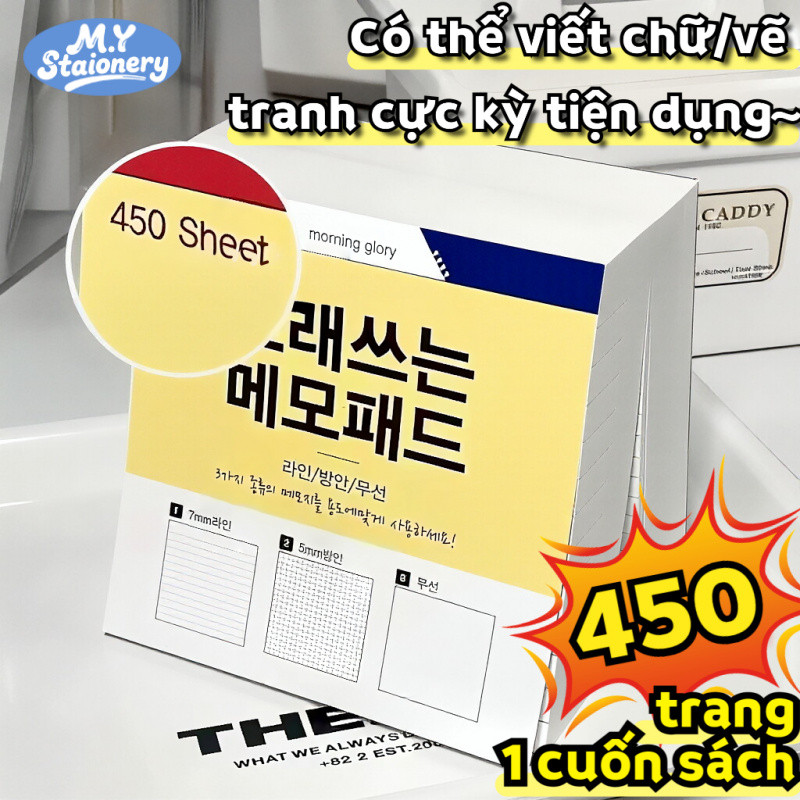 Giấy Ghi Chú 3in1 Hàn Quốc Kẻ Ngang/Kẻ Ô/Giấy Trắng, Giấy Note Siêu Dày 450 Tờ, Tiện Đánh Dấu Cho Họ