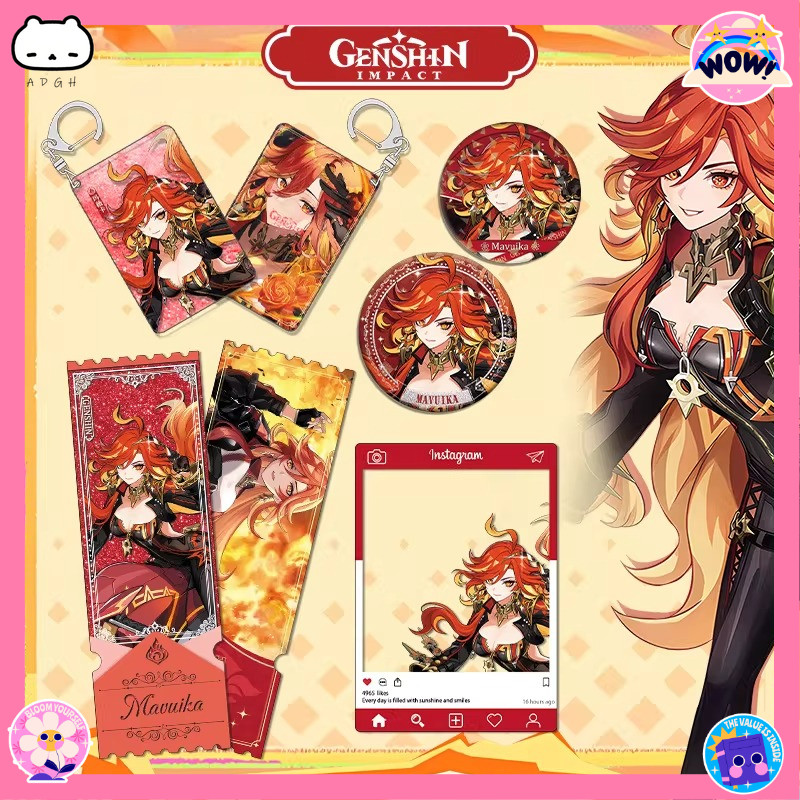 Genshin Impact Mavuika Fanmade 6pcs Set Acrylic Standee Keychain Quicksand Ticket Double Flash Badge