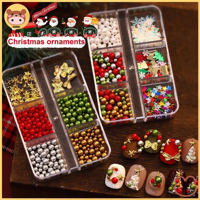 Aosun Giáng Sinh Đỏ / Xanh Ngọc Trai Móng Tay Kim Cương Giả Kích Thước Hỗn Hợp Ngọc Trai Hạt Nhiều M