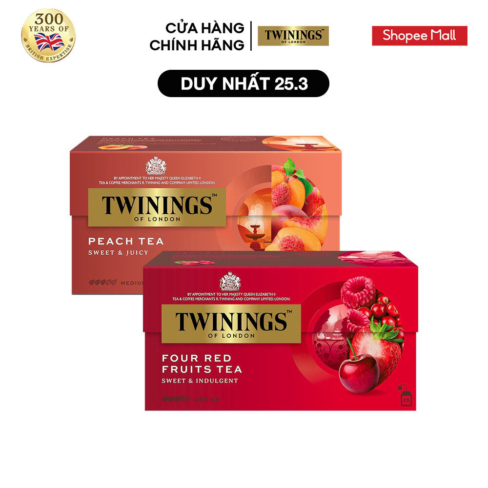 Combo 2 Trà Túi Lọc Vị Đào Twinings Peach Tea và Trà Túi Lọc 4 Vị Twinings Four Red Fruits Tea - Hộp