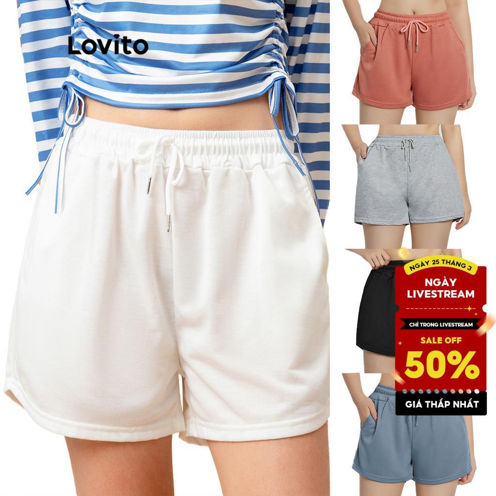 Lovito Quần short mùa hè / mùa xuân thông thường Quần short dây rút rắn cho nữ L00242 (Trắng / Đen / Xám / Hồng / Xanh)