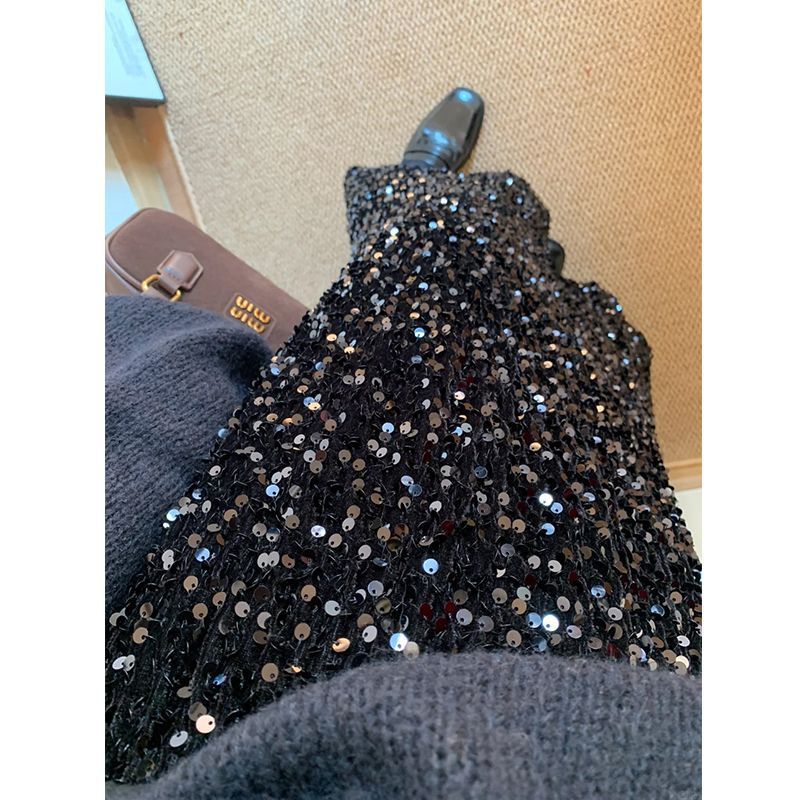 PBKW Black sequin skirt, women's autumn and winter new style, slimming high-waisted pencil skirt for