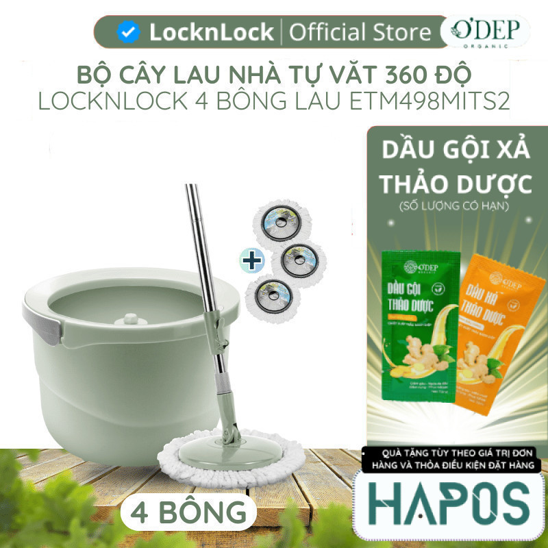 Bộ cây lau nhà LocknLock tự vắt xoay tay 360 độ, 4 bông lau thấm hút tốt ETM498MITS2 - HAPOS LMK