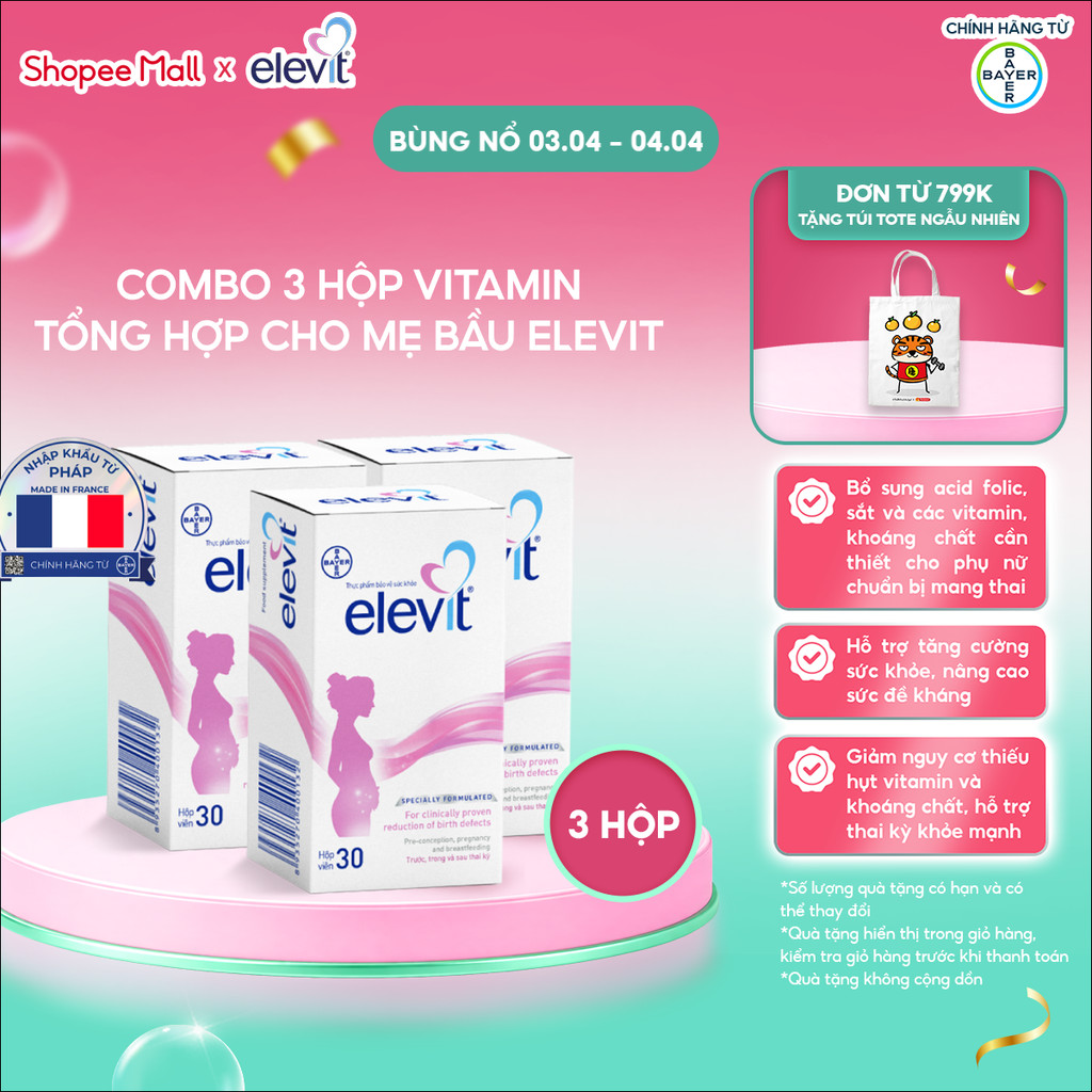 Bộ 3 Thực phẩm bảo vệ sức khỏe Elevit bổ sung Acid Folic, Sắt, Canxi, Các Vitamin và Các khoáng chất