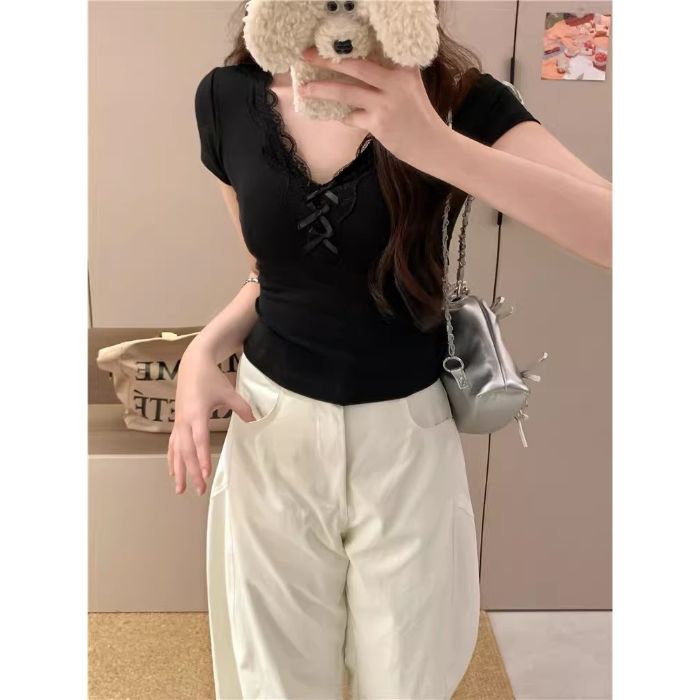 Áo thun nữ ren ren nơ ngắn Slim-fit phong cách Hàn Quốc hàng đầu | BigBuy360 - bigbuy360.vn