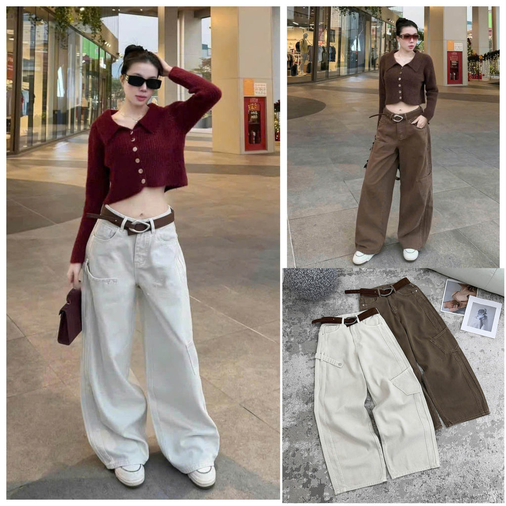 [Follow shop nhận mã 10k] Quần dài suông jean bò kèm đai Meo Meo Shop QCCC QCL1 QD1289 8566