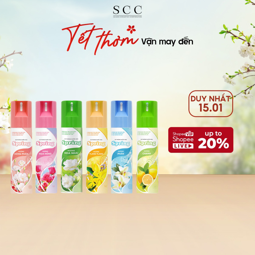 Xịt phòng nước hoa Spring 225ml/chai Hương chanh, phấn, hồng phấn, hoa hồng, hoa Ylang Ylang, Hoa Lài