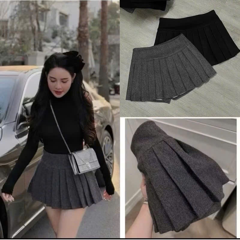 QCCC- Chân váy dạ xếp ly to bản cạp cao tôn dáng có quần trong cùng chất dày dặn phong cách HQ-QUANA