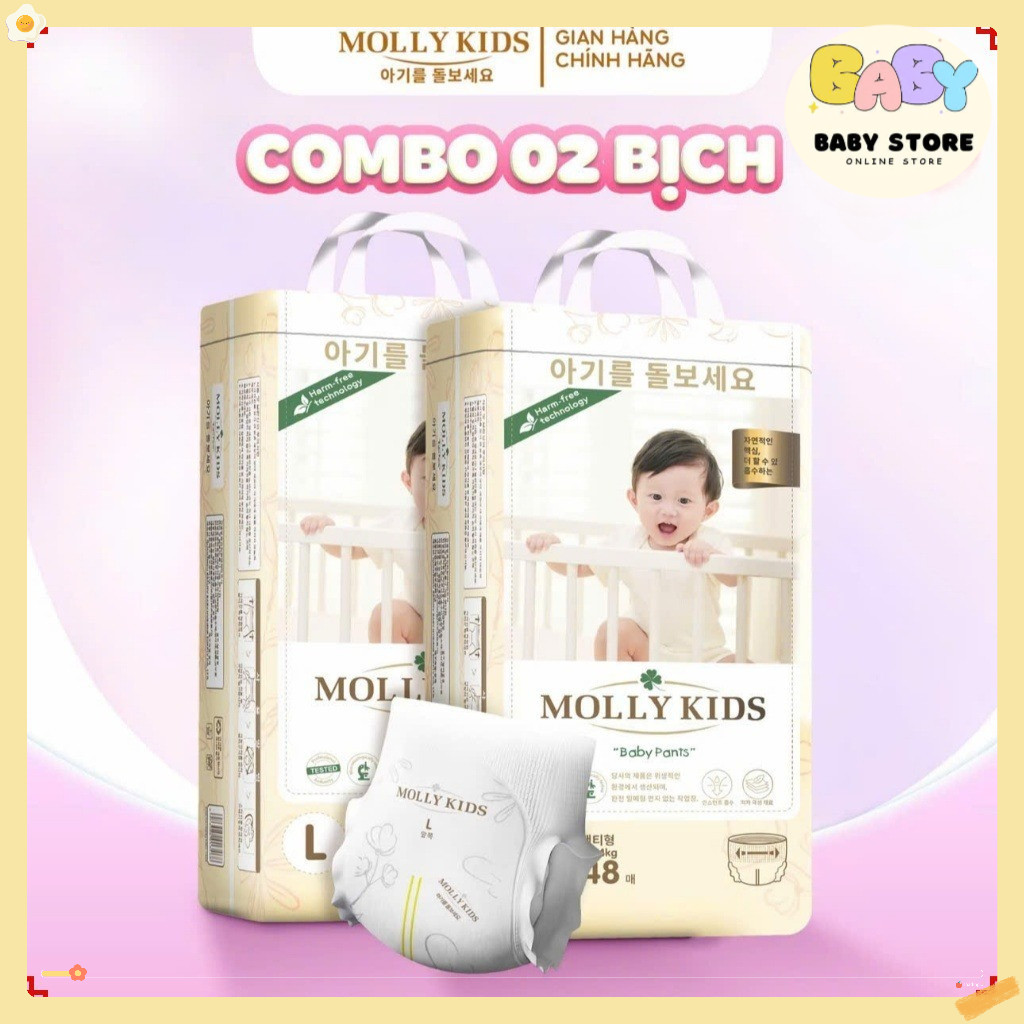 COMBO 2 BỊCH Tã Bỉm MOLLY KIDS, Bỉm Dán/Quần Công Nghệ Hàn Quốc Thấm Hút Tốt, Chống Hăm, Chống Tràn 