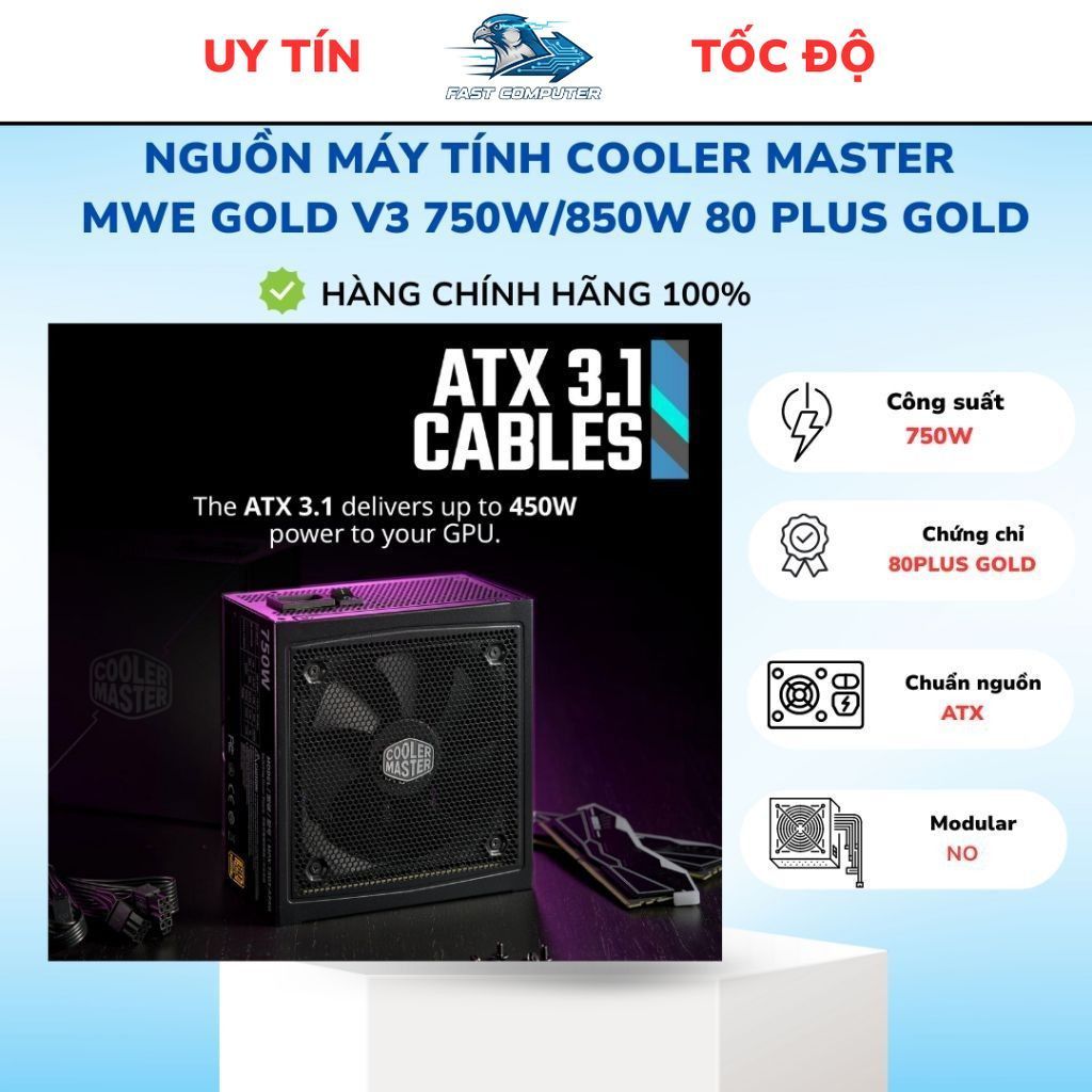 Nguồn Máy Tính Cooler Master MWE Gold V3 750W/850W, Non Modular, Chuẩn 80 Plus Gold, Bảo Hành 5 Năm