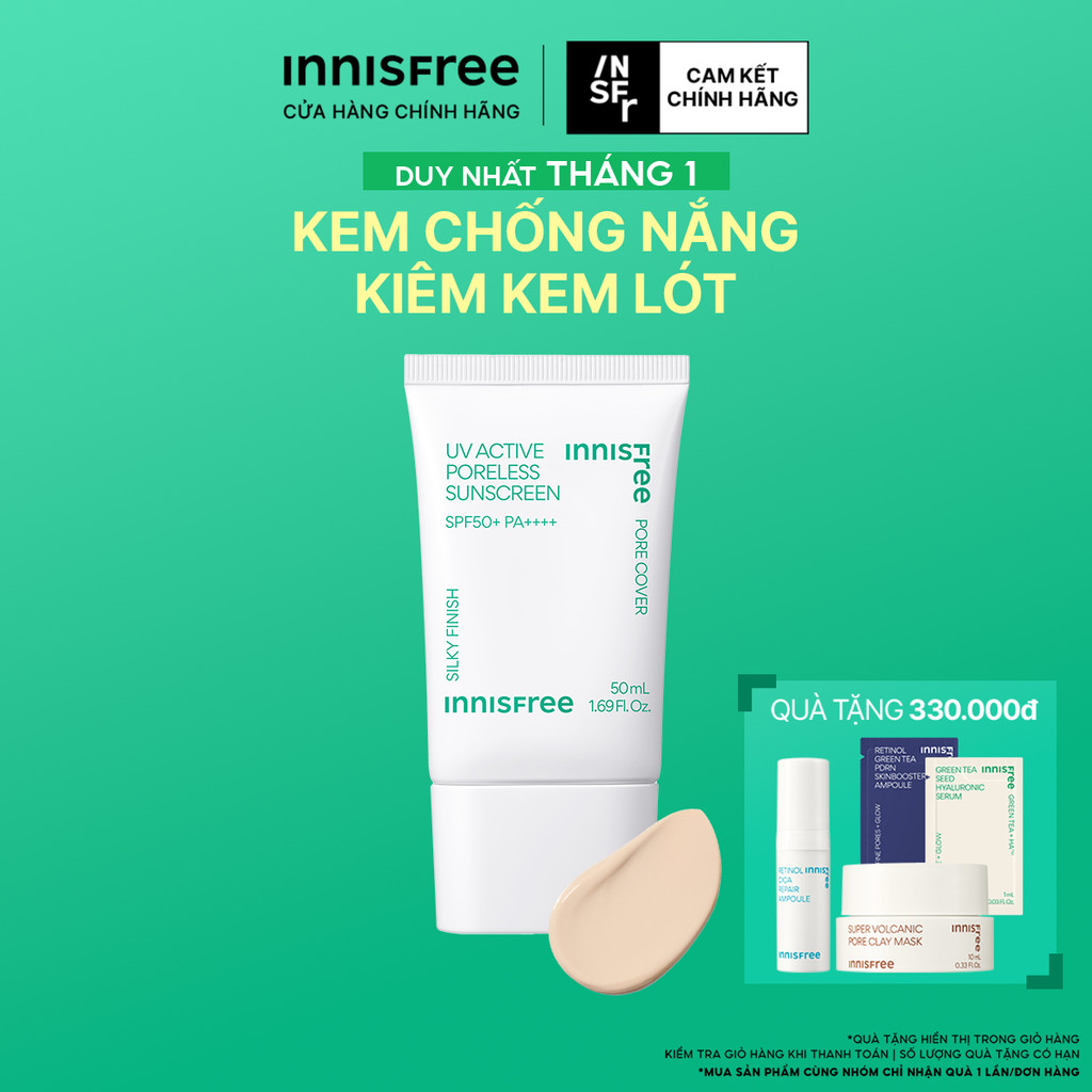 Kem chống nắng kem lót làm mịn lỗ chân lông innisfree UV Active Poreless Sunscreen SPF50+ PA++++ 50 mL