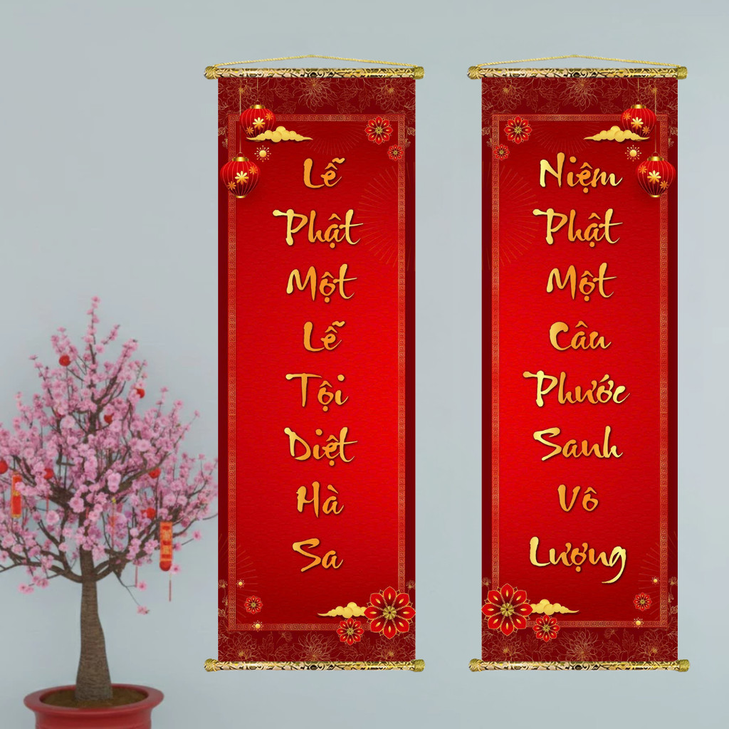 Tranh Liễn Câu Đối Trang Trí Tết 2026 - "Lễ Phật Một Lễ Tội Diệt Hà Sa, Niệm Phật Một Câu Phước Sanh
