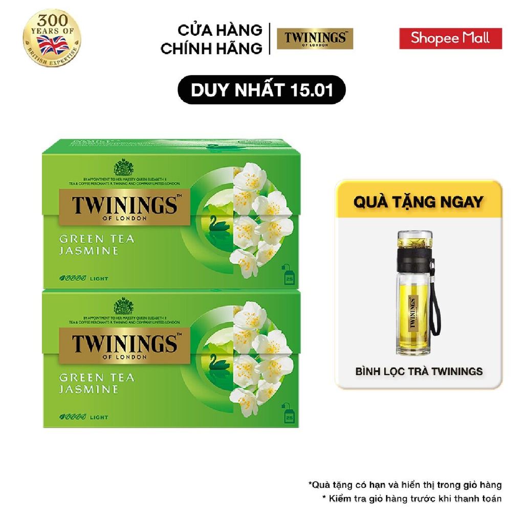 Combo 2 Trà xanh Túi Lọc Hương Hoa Nhài Twinings Green Tea Jasmine - Hộp 25 Gói 1.8G