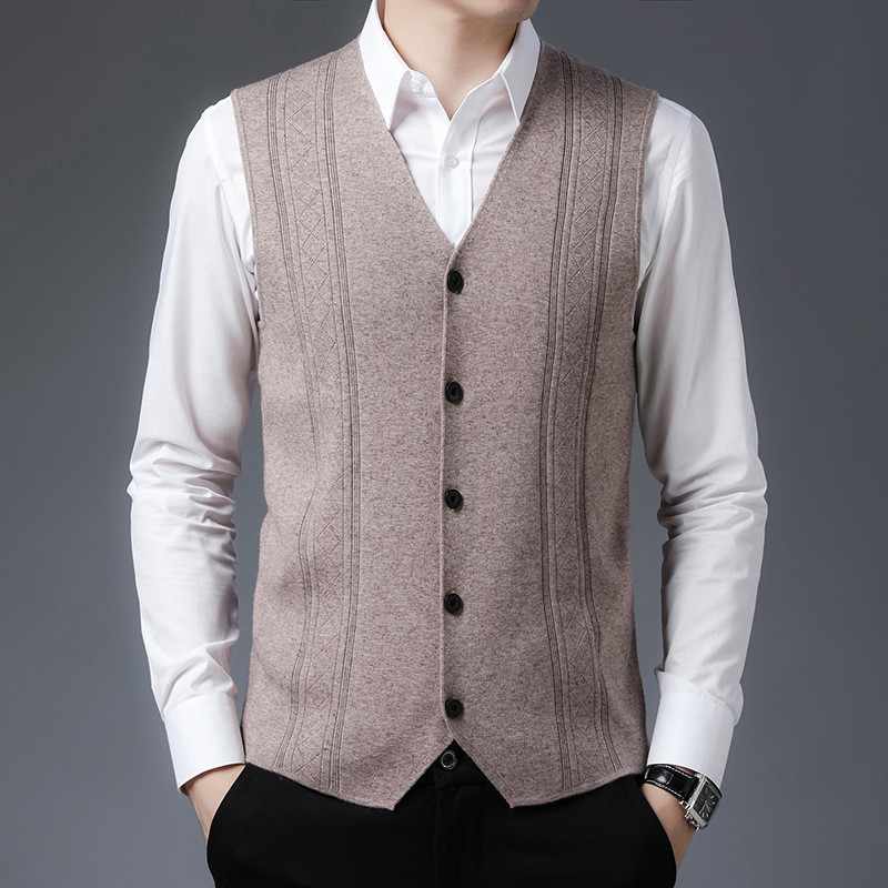 Jacquard Middle-Aged Knitted Vest Waistcoat Men's Clothing Wool Vest Men's Middle-Aged Cardigan Slee