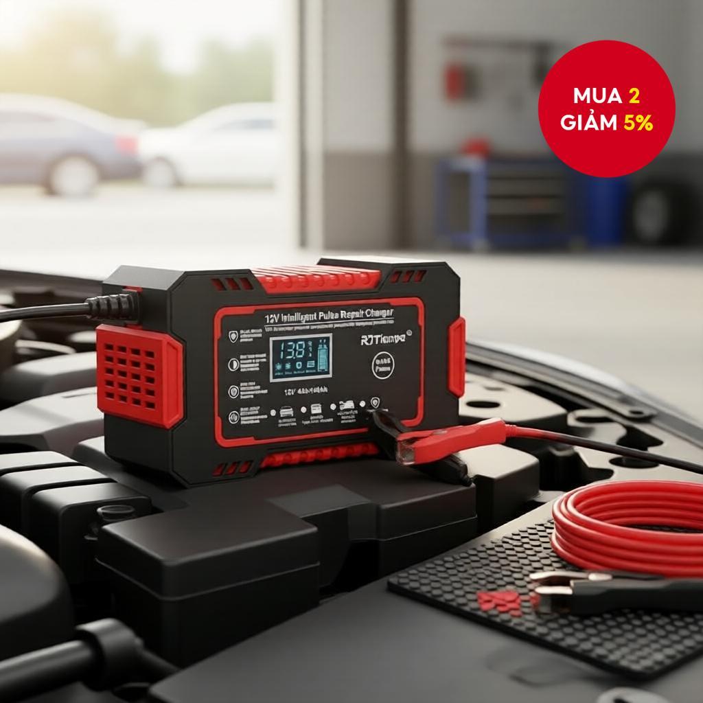 Bộ sạc thông minh 12V cho pin xe, bảo trì pin 4Ah-100Ah, khử sulfat với bù nhiệt độ.