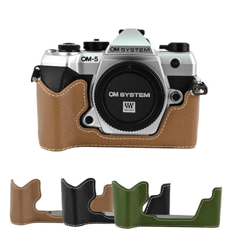 OM5II Palm Print PU Leather Camera Nửa Đế Cho Olympus OM-5 Mark II OM5 II Vỏ Bảo Vệ Da Thật Chính Hã
