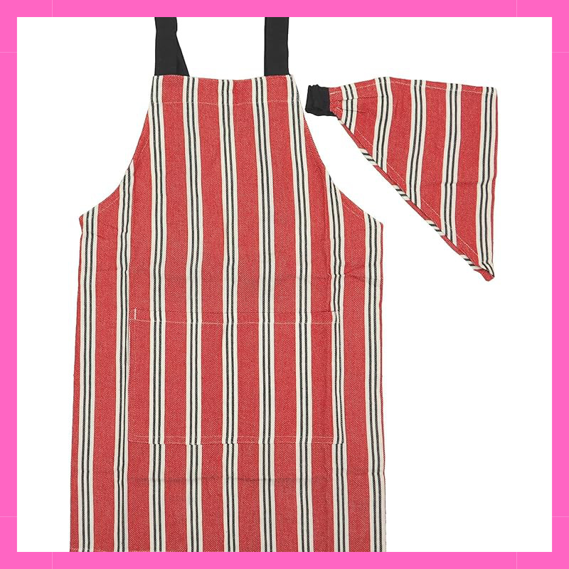 Kids Apron Set with Triangle Scarf - Ivy Stripe Red, Size 130-140cm, Great for Cooking Classes and M