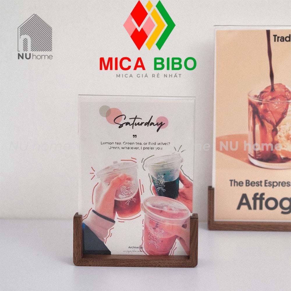 Menu Mica Đế Gỗ – Tent Card Để Bàn Quán Cafe, Nhà Hàng, QR Menu