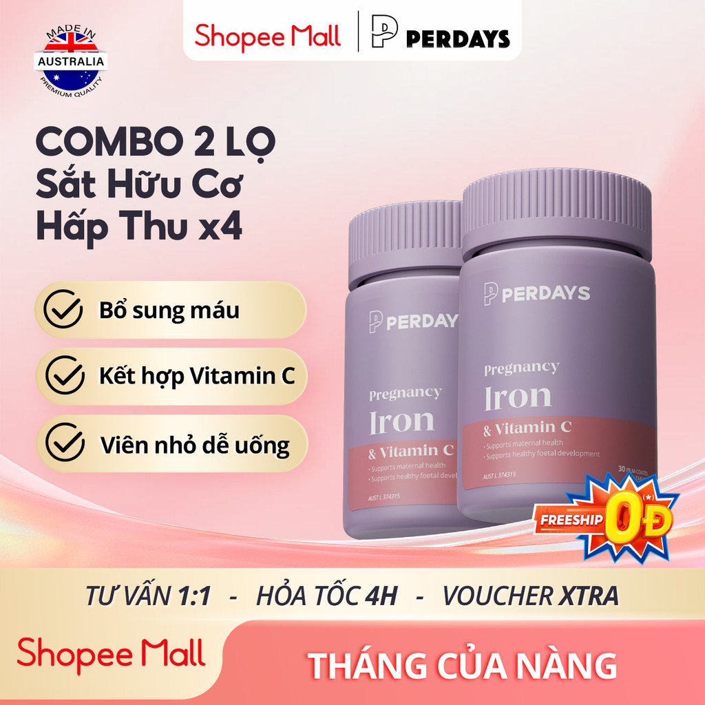 [COMBO 2 LỌ] Sắt Perdays & vitamin C cho mẹ bầu - Sắt bầu Perdays bổ sung sắt, người thiếu máu