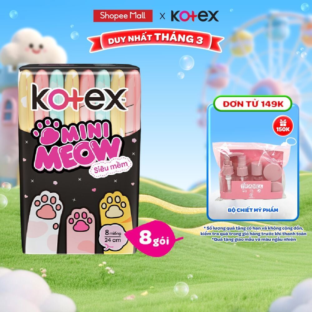Combo 8/Combo 16 Băng vệ sinh Kotex MiniMeow Siêu mềm siêu mỏng cánh 8 miếng
