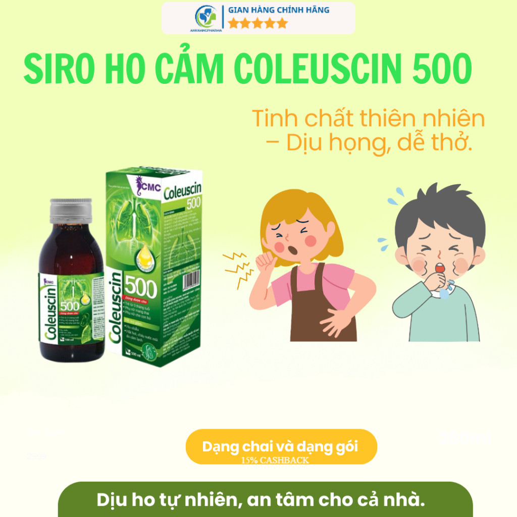 Siro ho cảm thảo dược thiên nhiên an toàn cho trẻ sơ sinh mẹ bầu mẹ bỉm sữa Coleuscin 500