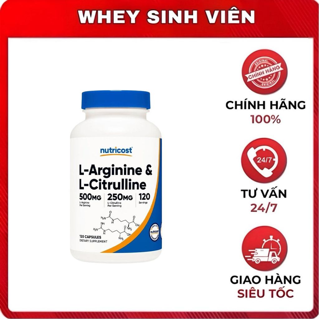 Nutricost L-Arginine & L-Citrulline 500mg/250mg – Hỗ trợ vận động & thể lực, giảm huyết áp -  Whey S