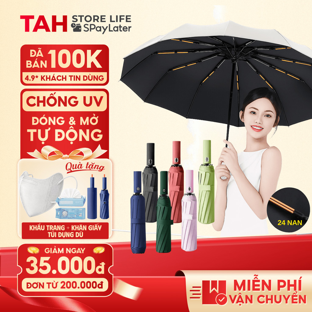 Ô Che Mưa Tự Động Chống Tia UV Cao Cấp, Chống Gió, Chống Mưa, Vải Chống Thấm, Khung Thép 24 Nan Bền Bỉ