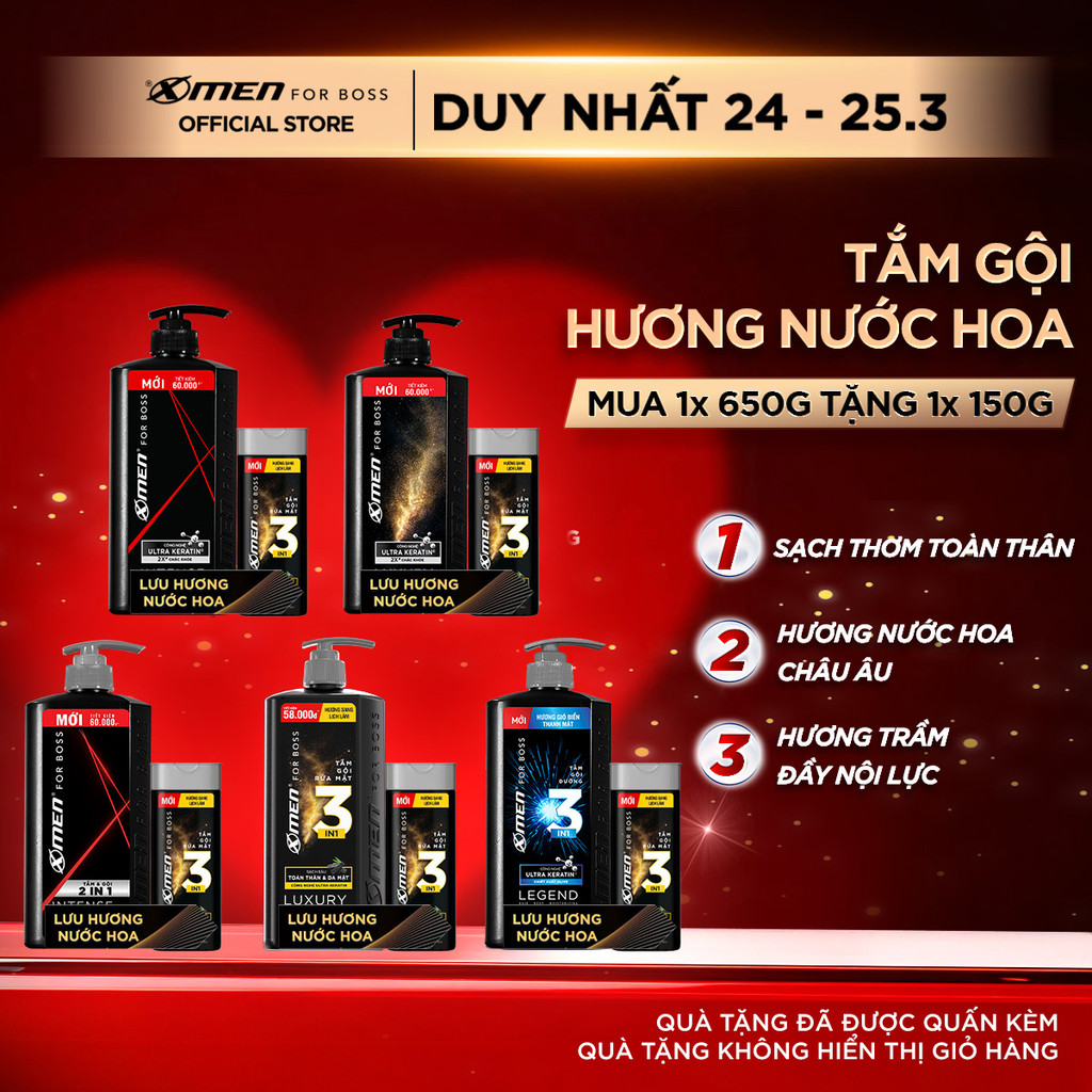 Combo Dầu gội / Tắm Gội Cho Nam Xmen for Boss 630g và Tắm Gội Luxury 150g - Hương Nước Hoa Châu Âu Lịch Lãm