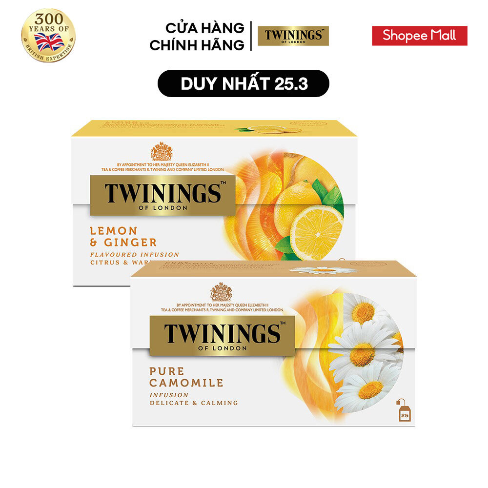 Combo 2 Trà Túi Lọc Chanh Gừng Twinings và Trà Túi Lọc Hoa Cúc Twinings  - Hộp 25 Gói 1.5G
