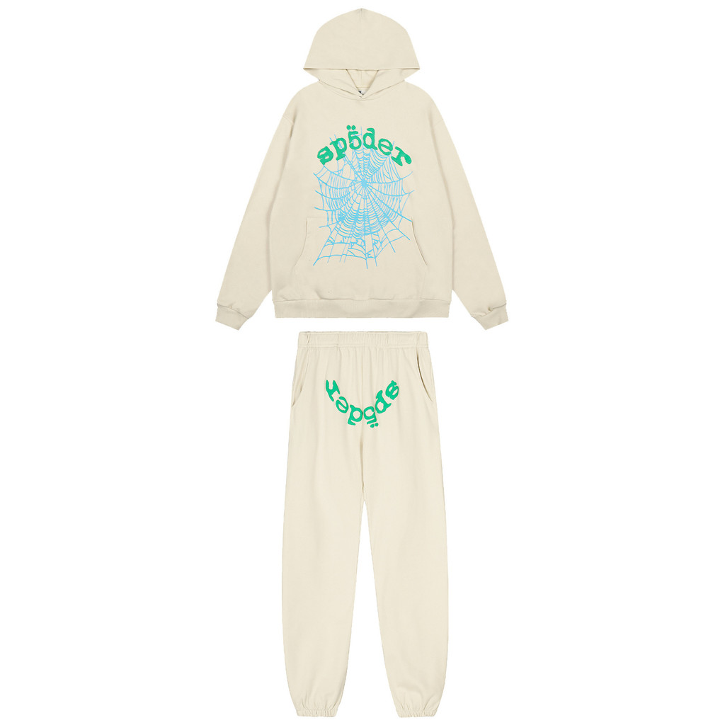 UHZU American street Sp5der 555555 Green foam letter spider web hoodie and sweatpants in apricot col