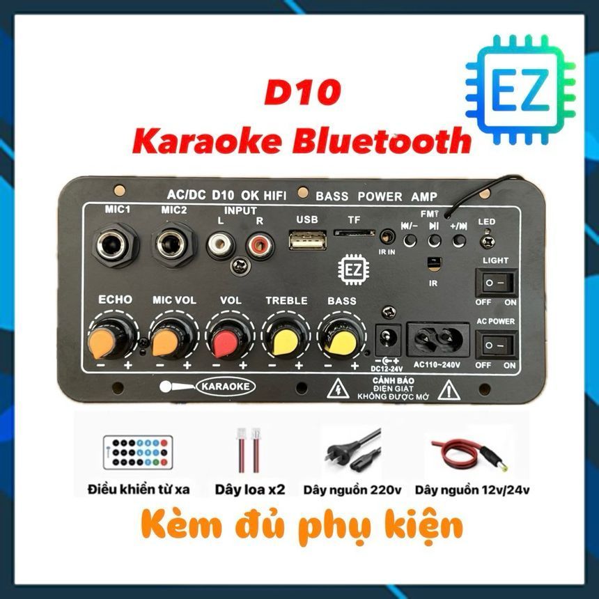 Bo mạch D10 khuyếch đại âm thanh, hát Karaoke Bluetooth, 12/24/220V đủ phụ kiện