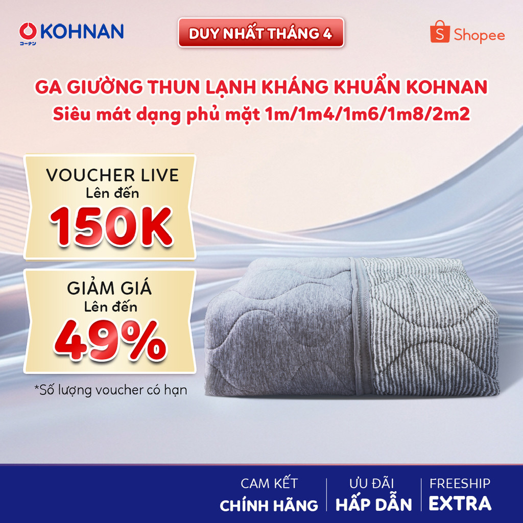 Ga giường thun lạnh kháng khuẩn KOHNAN dạng topper phủ mặt, hạn chế vi khuẩn và mùi hôi size 1m/1m4/