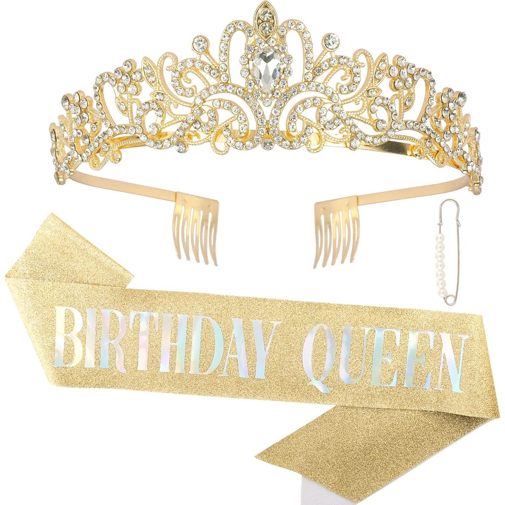 CAVETEE Gold Birthday Queen Sash & Tiara - Vương miện dự tiệc dành cho nữ
