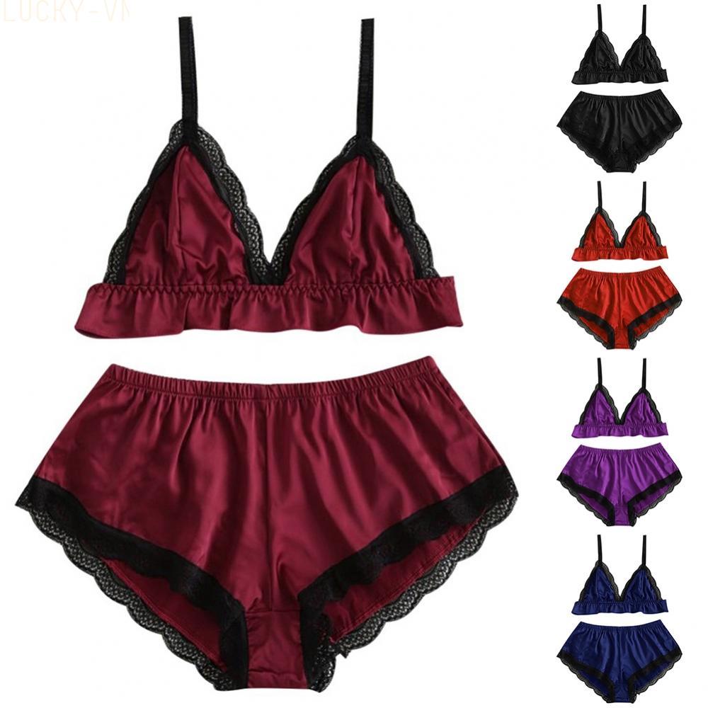 Sensuous Silk Sleepwear Set Women's Sexy Lingerie Pajama Set Lace Top and Shorts