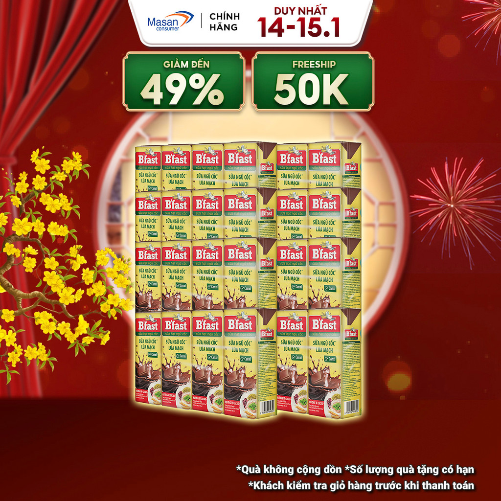 Combo 8 lốc Sữa lúa mạch B'fast vị Cacao bổ sung canxi – Hộp 180ml