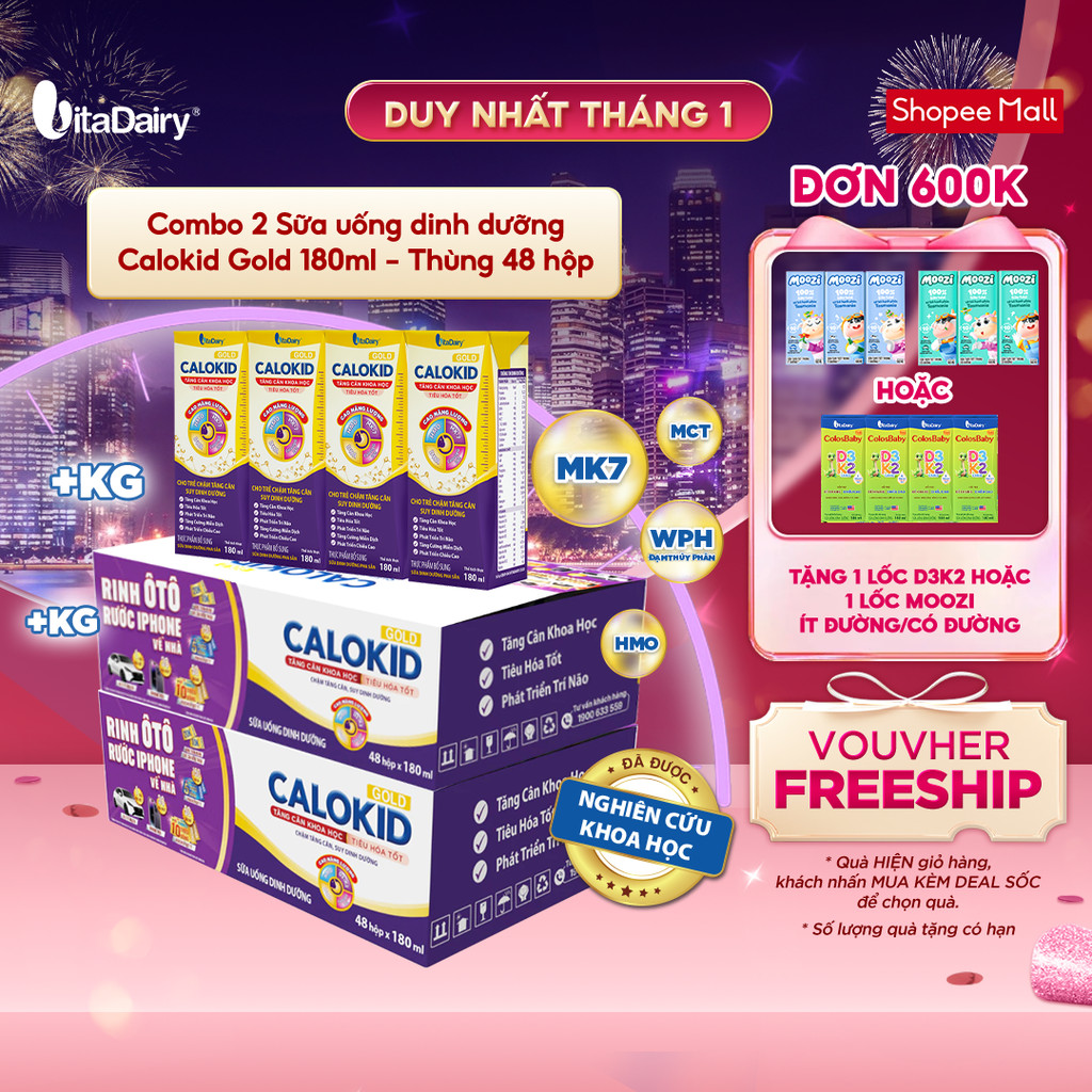 Combo 2 Sữa uống dinh dưỡng Calokid Gold 180ml - thùng 48 hộp - VitaDairy