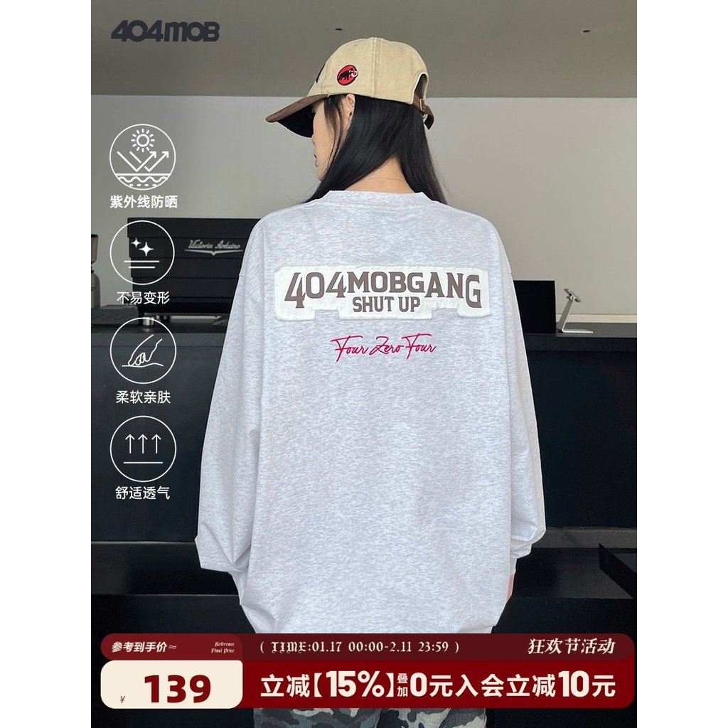 404MOB Viền Miếng Dán Thêu Dài Tay Áo Thun Nam Thu Đông Graffiti In Hình Kính Chống Nắng Nặng Cặp Đô