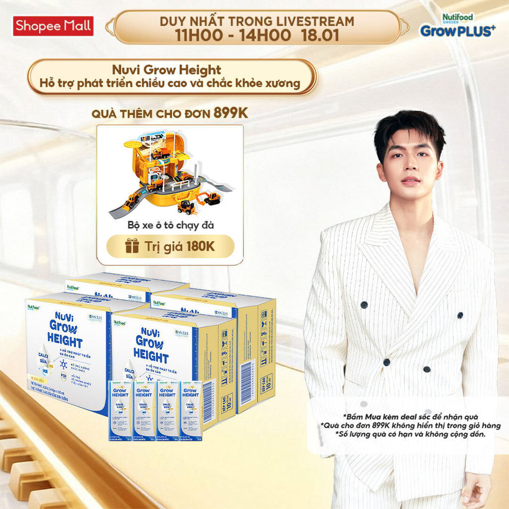 Combo 4 Thùng 24 hộp SBPS Nuvi Grow Height vị chuối 1+ hỗ trợ phát triển chiều cao hộp 180ml