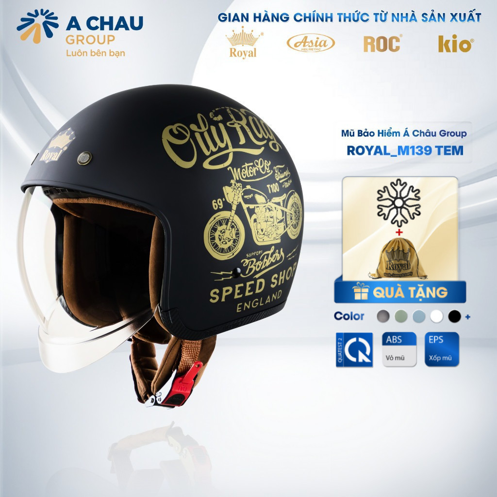Mũ Bảo Hiểm 3/4 Royal M139 Tem Chính Hãng ,Nón Bảo Hiểm Kính Âm Màu Trà, Hạn Chế UV, Chống Mưa, Bụi