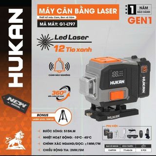 Máy cân bằng laser HUKAN G1-LT97, 12 tia xanh, cảnh báo nghiêng, xoay 360°