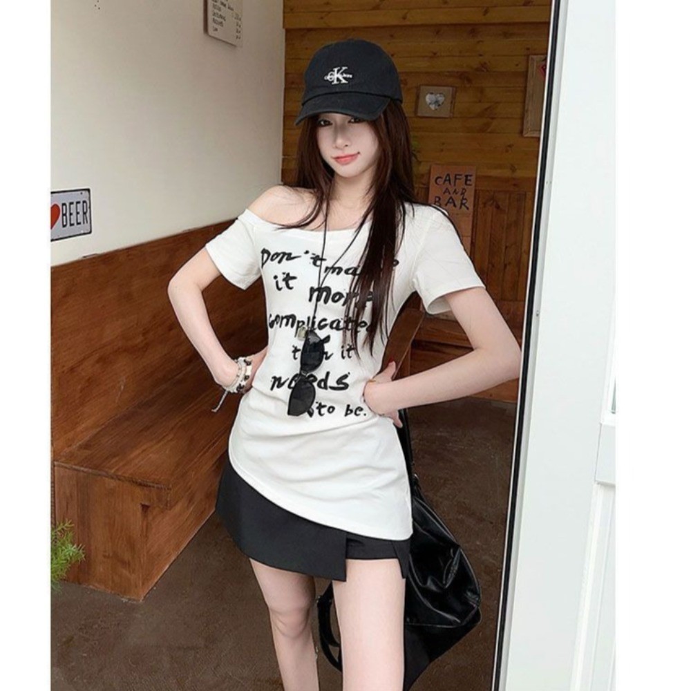 Áo Thun Ngắn Tay Trễ Vai Phong Cách Hàn Quốc Dành Cho Nữ Thời Trang Mùa Hè Mới Có in Chữ | BigBuy360 - bigbuy360.vn